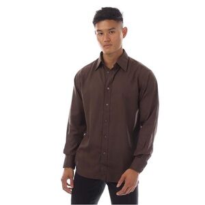 Boys brown long sleeve button down shirt with left pocket